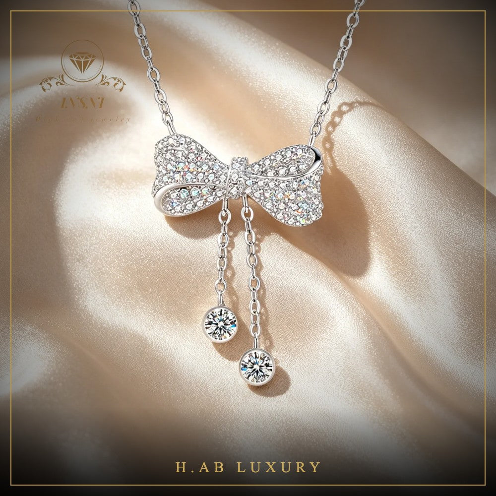 Moissanite Bow Tassel Necklace – 925 Sterling Silver